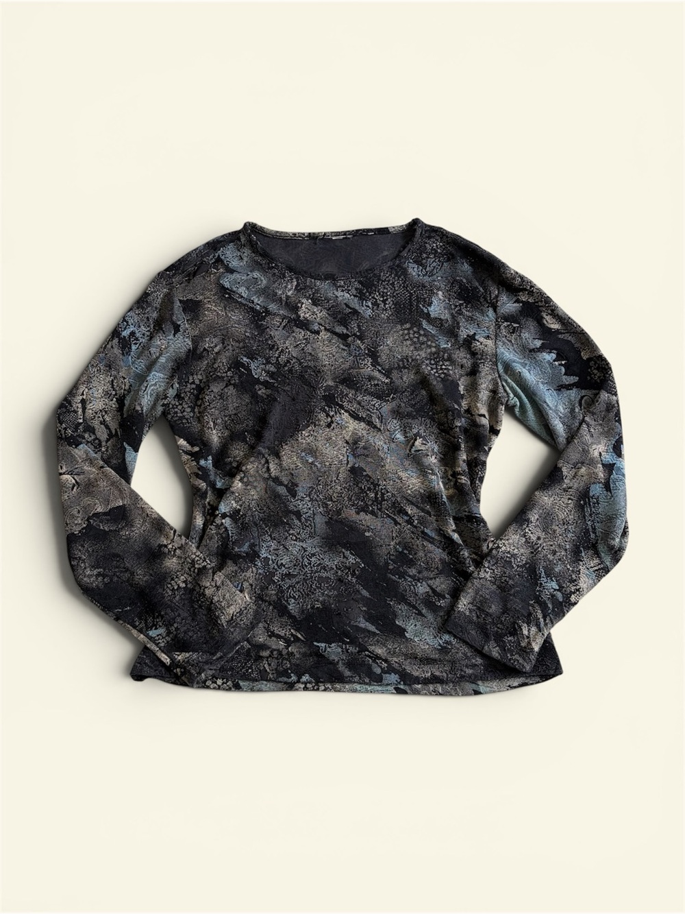 Vintage Y2K Abstract Burnout Devore Top Blue Black Sheer Textured Long Sleeve M